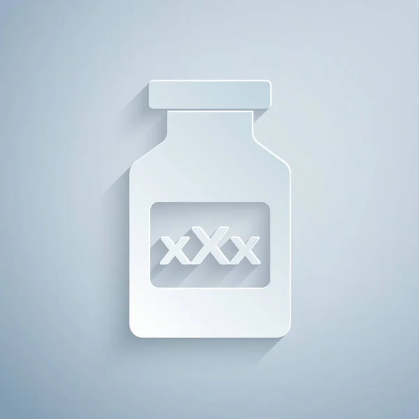 効力のための錠剤を持つペーパーカット薬のボトル, 灰色の背景に分離された媚薬のアイコン.男性と女性のためのセックス薬。ペーパーアートスタイル。ベクトルイラストレーション — ストックベクタ