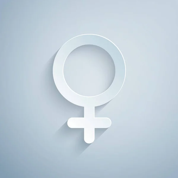 Papiergeschnittenes weibliches Gender-Symbol auf grauem Hintergrund. Venussymbol. das Symbol für einen weiblichen Organismus oder eine Frau. Papierkunst. Vektorillustration — Stockvektor