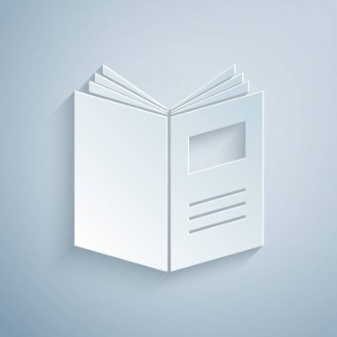 Kağıt kesiği Açık kitap simgesi gri arkaplanda izole edildi. Kağıt sanatı tarzı. Vektör İllüstrasyonu