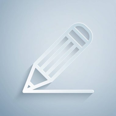 Kağıt kesme Kalem ve çizgi simgesi gri arka plan üzerinde izole. Eğitim işareti. Çizim ve eğitim araçları. Okul ofisinin sembolü. Kağıt sanat tarzı. Vektör İllüstrasyonu