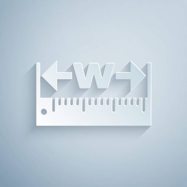 Kağıt, gri arka planda yalıtılmış ölçüm yüksekliği ve uzunluk simgesini keser. Cetvel, düz kenar, ölçek sembolü. Kağıt sanat tarzı. Vektör İllüstrasyonu