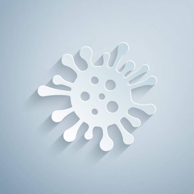 Kağıt kesilmiş Bakteri simgesi gri arka plan üzerinde izole. Bakteri ve mikroplar, mikroorganizma hastalığına neden olan hücre kanseri, mikrop, virüs, mantar. Kağıt sanat tarzı. Vektör İllüstrasyonu
