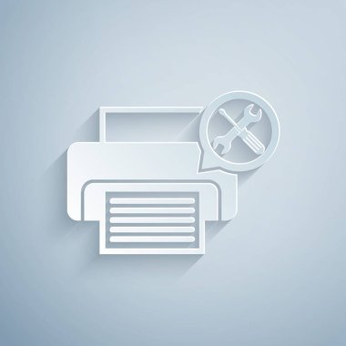 Kağıt kesme Yazıcı ile tornavida ve anahtar simgesi gri arka plan üzerinde izole. Ayarlama, servis, ayar, bakım, onarım, sabitleme. Kağıt sanat tarzı. Vektör İllüstrasyonu