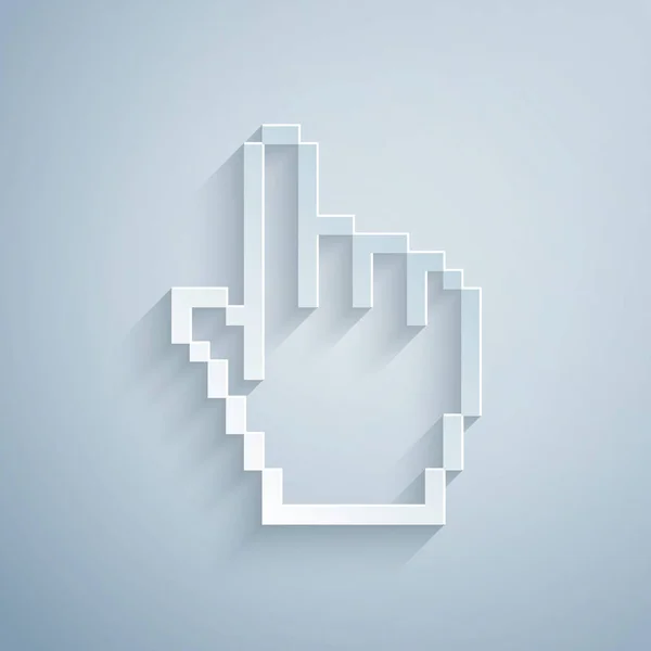 Papier knippen pixel handcursor pictogram geïsoleerd op grijze achtergrond. Aanwijzer handcursor. Papier kunststijl. Vector illustratie — Stockvector