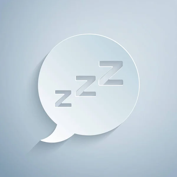 Papír vágott beszéd buborék horkolás ikont izolált szürke háttér. Fogalma alvás, álmatlanság, ébresztőóra app, mély alvás, ébredés. Papírművészeti stílus. Vektoros illusztráció — Stock Vector