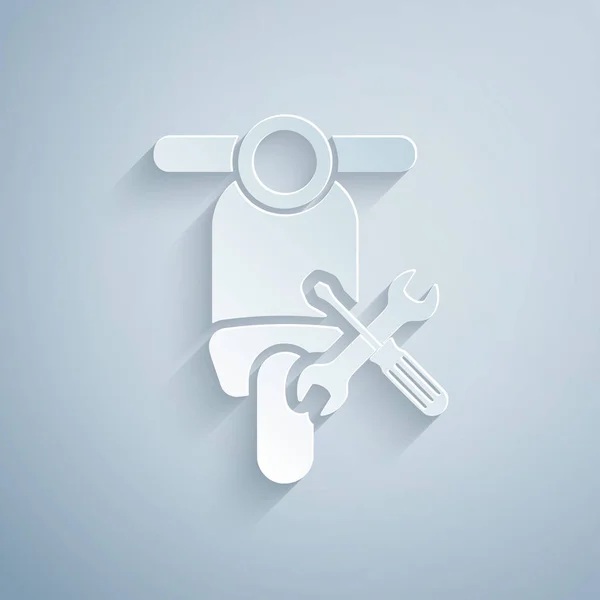 Paper cut Scooter with screwdriver and wrench icon isolated on grey background. Adjusting, service, setting, maintenance, repair, fixing. Paper art style. Vector Illustration — Stock Vector
