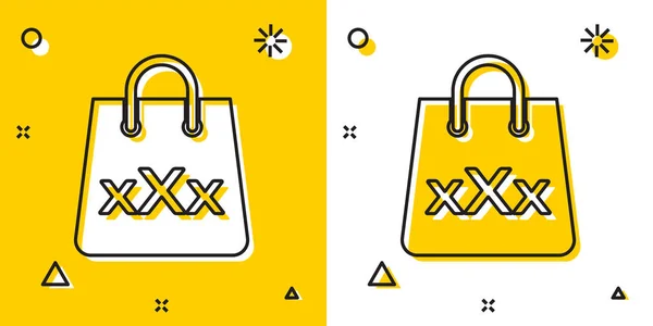 Černá nákupní taška s ikonou trojité osy X izolovaná na žlutém a bílém pozadí. Náhodné dynamické tvary. Vektorová ilustrace — Stockový vektor