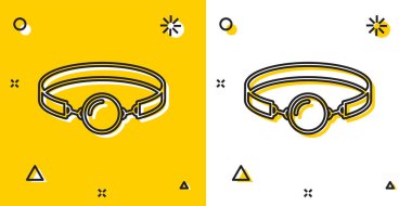 Siyah Silikon topu sarı ve beyaz arka plan üzerinde izole bir deri kemer simgesi ile gag. Fetiş aksesuarı. Erkekler ve kadınlar için seks oyuncak. Rastgele dinamik şekiller. Vektör İllüstrasyonu