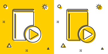 Siyah Sesli kitap simgesi sarı ve beyaz arka planda yalıtılmış. Oynat düğmesi ve kitap. Ses rehberi işareti. Online öğrenme kavramı. Rastgele dinamik şekiller. Vektör İllüstrasyonu