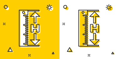 Siyah Ölçüm yüksekliği ve uzunluk simgesi sarı ve beyaz arka planda yalıtılır. Cetvel, düz kenar, ölçek sembolü. Rastgele dinamik şekiller. Vektör İllüstrasyonu