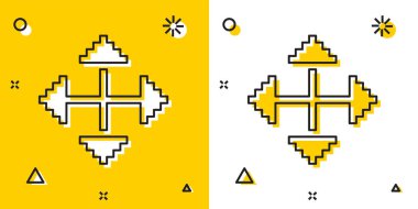 Dört yöndeki siyah piksel okları sarı ve beyaz arka planda yalıtılmış simgesi. İmleç hareket işareti. Rastgele dinamik şekiller. Vektör İllüstrasyonu