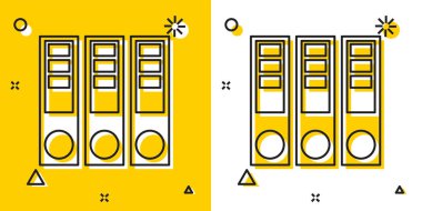 Sarı ve beyaz arka planda yalıtılmış kağıt ve belge simgesiiçeren Siyah Office klasörleri. Ofis bağlayıcıları. Arşiv klasör işareti. Rastgele dinamik şekiller. Vektör İllüstrasyonu