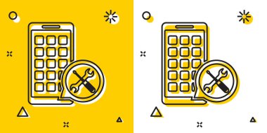 Sarı ve beyaz arka planda izole edilmiş tornavida ve anahtar simgesine sahip Siyah Mobil Uygulamalar. Ayarlama, servis, ayar, bakım, onarım, sabitleme. Rastgele dinamik şekiller. Vektör İllüstrasyonu