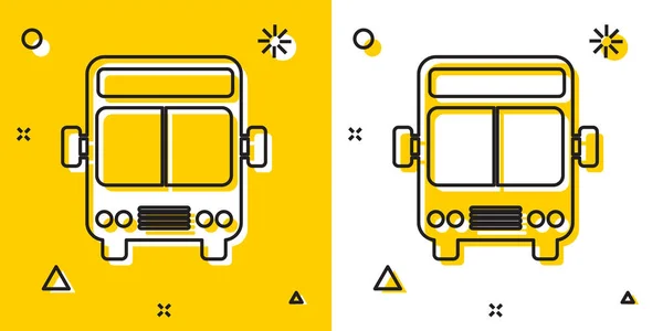 Schwarzes Bussymbol isoliert auf gelbem und weißem Hintergrund. Transportkonzept. Busfahrt-Verkehrsschild. Tourismus oder öffentliches Verkehrsmittel. zufällige dynamische Formen. Vektorillustration — Stockvektor