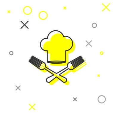 Gri çizgi Chef şapka ve beyaz arka plan üzerinde izole çatal simgesi geçti. Pişirme sembolü. Restoran menüsü. Aşçı şapkası. Vektör İllüstrasyonu