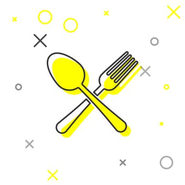 Gri çizgi Beyaz arka plan üzerinde izole çatal ve kaşık simgesi geçti. Pişirme aleti. Çatal bıçak takımı işareti. Vektör İllüstrasyonu