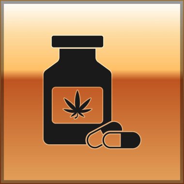 Esrar ya da kenevir yaprağı ikonlu siyah tıbbi şişe altın arka planda izole. Kavanozlardaki kenevir yağı özlerini taklit et. Vektör İllüstrasyonu