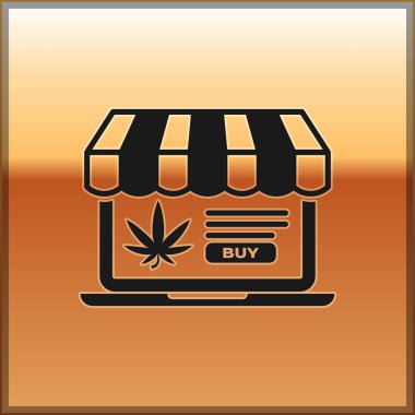 Altın arka planda siyah dizüstü bilgisayar ve tıbbi marihuana veya kenevir yaprağı ikonu var. İnternetten satın alma sembolü. Süpermarket sepeti. Vektör İllüstrasyonu
