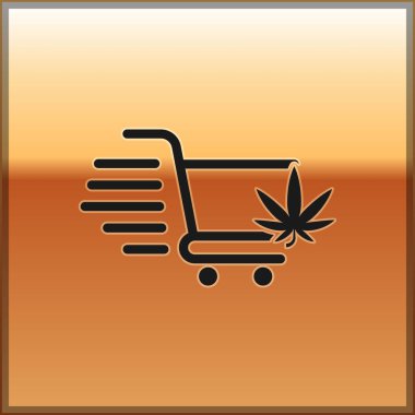 Altın arka plan üzerinde izole esrar veya esrar yaprağı simgesi ile Siyah Alışveriş sepeti. Online satın alma. Teslimat hizmeti. Süpermarket sepeti. Vektör İllüstrasyonu