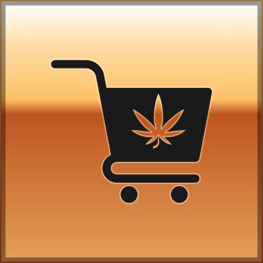 Altın arka plan üzerinde izole esrar veya esrar yaprağı simgesi ile Siyah Alışveriş sepeti. Online satın alma. Teslimat hizmeti. Süpermarket sepeti. Vektör İllüstrasyonu