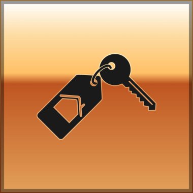 Altın arka plan üzerinde izole anahtar simgesi ile Black House. Evin anahtar teslimi konsepti. Vektör İllüstrasyonu