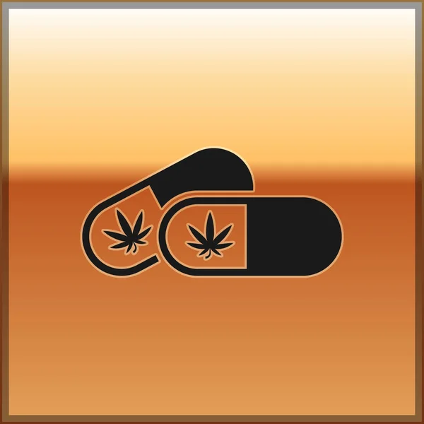 Black Medical pills with marijuana or cannabis leaf icon isolated on gold background. Mock up of cannabis oil extracts in jars. Vector Illustration — Stock Vector