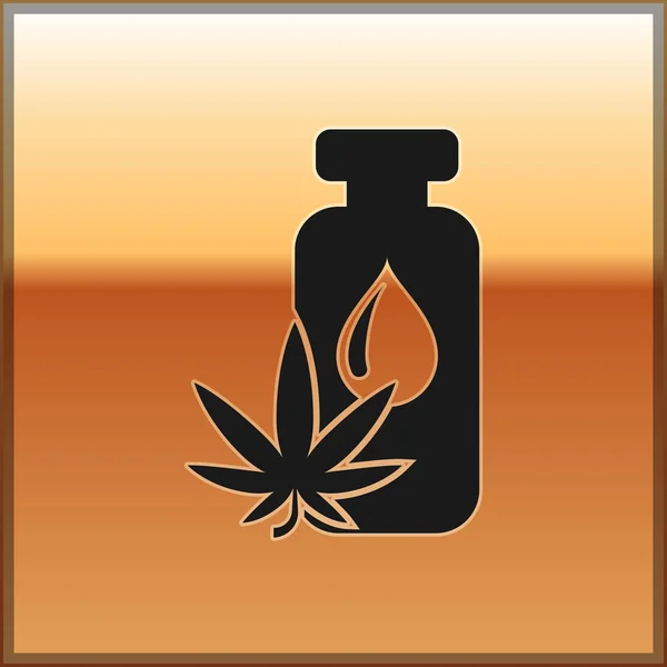 Black Medical marijuana or cannabis leaf olive oil drop icon isolated on gold background. Cannabis extract. Hemp symbol. Vector Illustration — Stock Vector