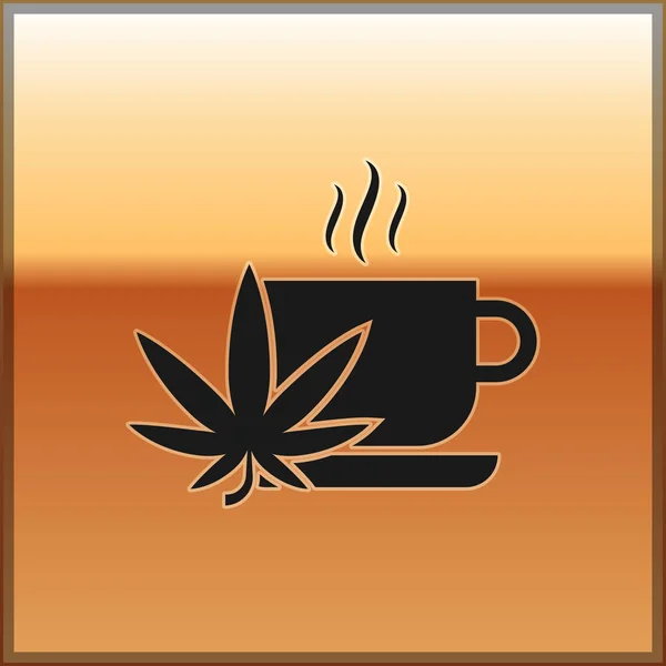 Black Cup tea with marijuana or cannabis leaf icon isolated on gold background. Marijuana legalization. Hemp symbol. Vector Illustration — Stock Vector