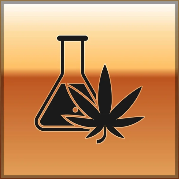 Svart kemiskt provrör med marijuana eller cannabis Leaf Icon isolerad på guld bakgrund. Forskningskoncept. Laboratorium CBD olja koncept. Vektor illustration — Stock vektor