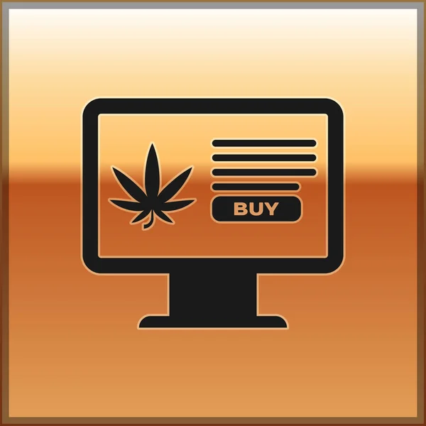 Monitor de computador preto e maconha medicinal ou ícone de folha de cannabis isolado em fundo dourado. Símbolo de compra online. Cesta de supermercado. Ilustração vetorial — Vetor de Stock