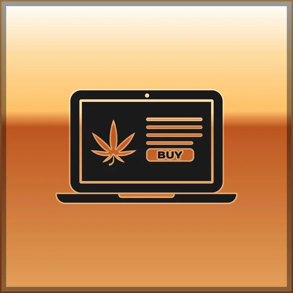 Black Laptop y marihuana medicinal o icono de la hoja de cannabis aislado sobre fondo dorado. Símbolo de compra online. Cesta del supermercado. Ilustración vectorial — Archivo Imágenes Vectoriales