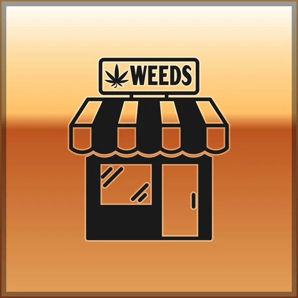 Icono de la tienda de marihuana negra y cannabis aislado sobre fondo dorado. Equipos y accesorios para fumar, almacenar cannabis medicinal. Ilustración vectorial — Vector de stock