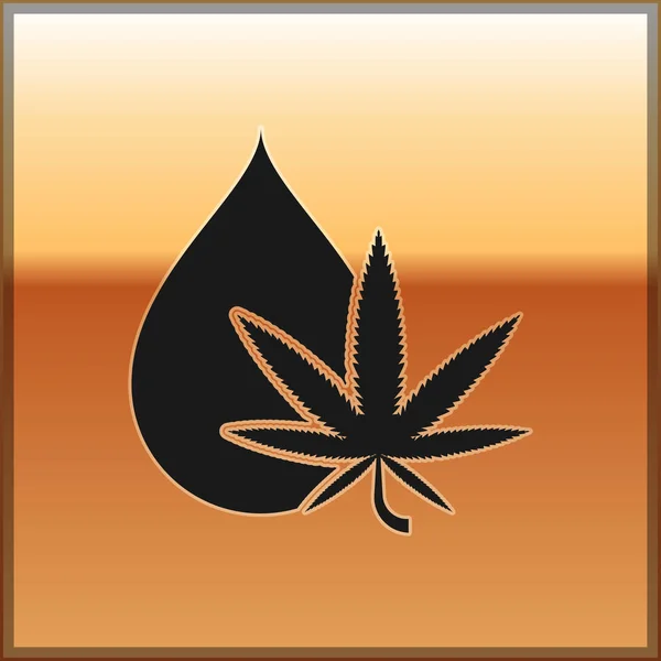 Zwarte medicinale marihuana of cannabis blad olijfolie drop icoon geïsoleerd op gouden achtergrond. Cannabisextract. Hennep symbool. Vector Illustratie — Stockvector