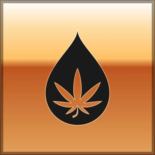 Black Medical marijuana or cannabis leaf olive oil drop icon isolated on gold background. Cannabis extract. Hemp symbol. Vector Illustration — Stock Vector