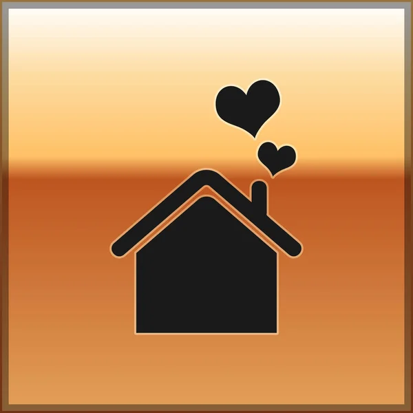 黑房子与心脏形状图标隔离在黄金背景。爱家的象征。家庭、房地产和房地产。矢量插图 — 图库矢量图片