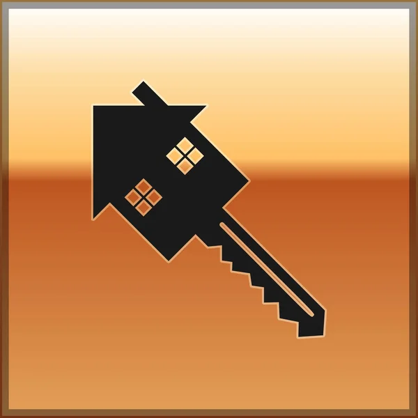 Casa Negra com ícone chave isolado no fundo de ouro. O conceito da casa chave na mão. Ilustração vetorial —  Vetores de Stock