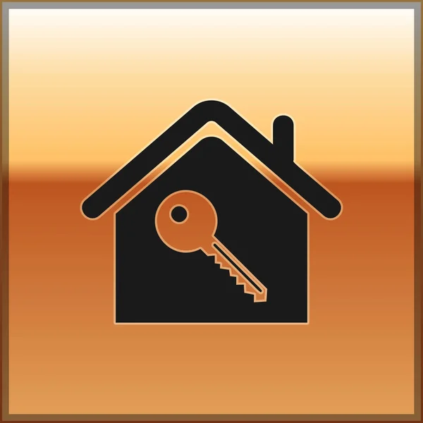 黑房子与关键图标隔离在黄金背景。房子交钥匙的概念。矢量插图 — 图库矢量图片