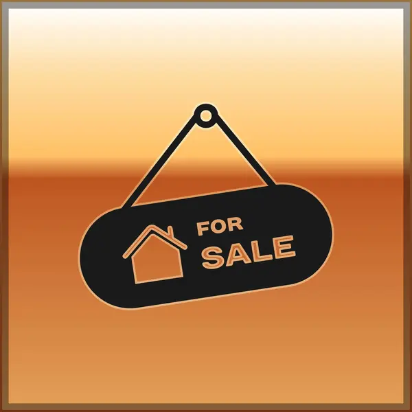 Panneau suspendu noir avec texte à vendre icône isolée sur fond doré. Panneau avec texte à vendre. Illustration vectorielle — Image vectorielle