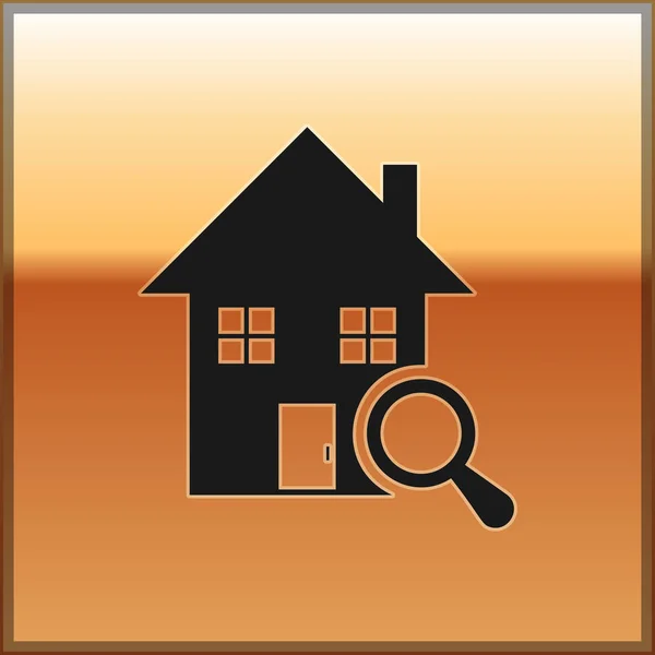 Black Search ícone da casa isolado no fundo de ouro. Símbolo imobiliário de uma casa sob lupa. Ilustração vetorial — Vetor de Stock