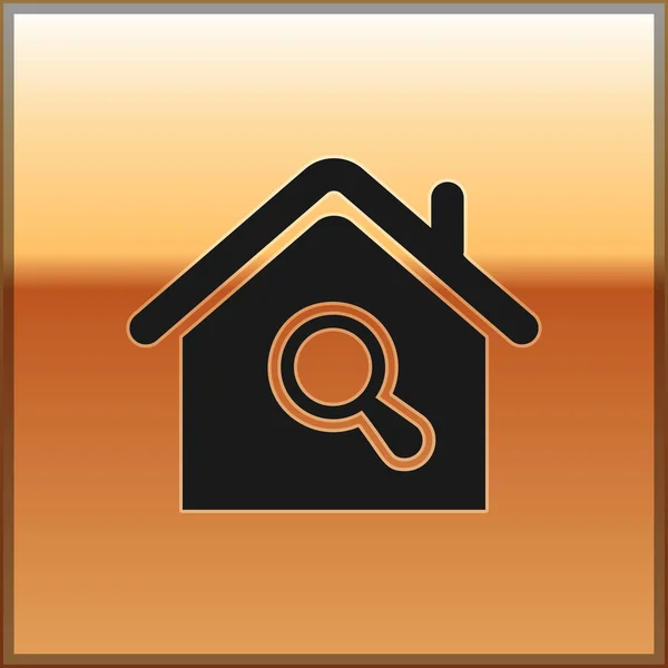 Icono de la casa Black Search aislado sobre fondo dorado. Símbolo inmobiliario de una casa bajo lupa. Ilustración vectorial — Archivo Imágenes Vectoriales