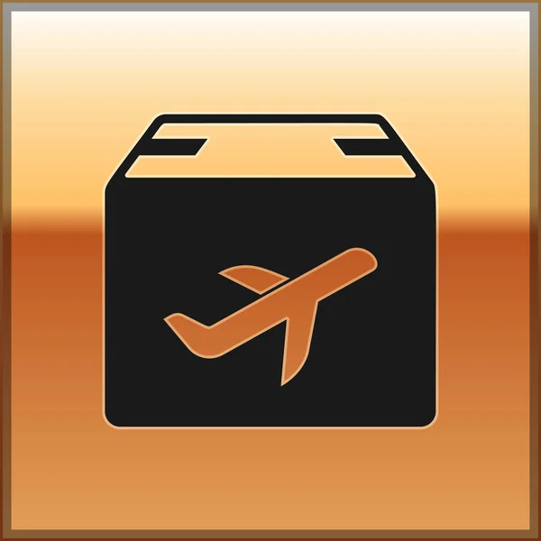 Black Plane and cardboard box icon isolated on gold background. Delivery, transportation. Cargo delivery by air. Airplane with parcels, boxes. Vector Illustration — Stock Vector