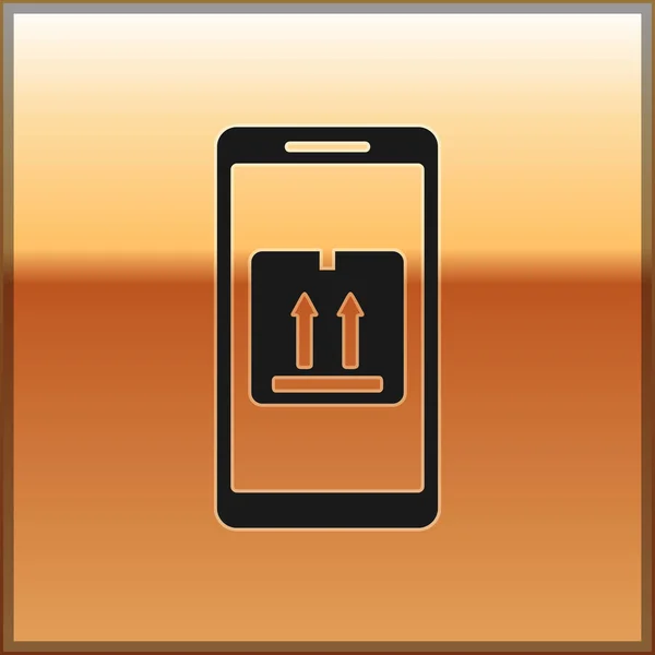 Téléphone intelligent mobile noir avec icône de suivi de livraison d'applications isolée sur fond doré. Suivi des colis. Illustration vectorielle — Image vectorielle