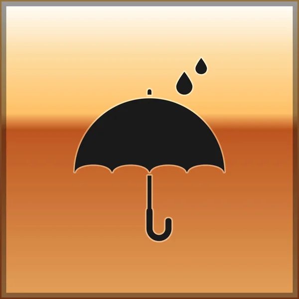 Black Umbrella and rain drops icon isolated on gold background. Waterproof icon. Protection, safety, security concept. Water resistant symbol. Vector Illustration — Stock Vector