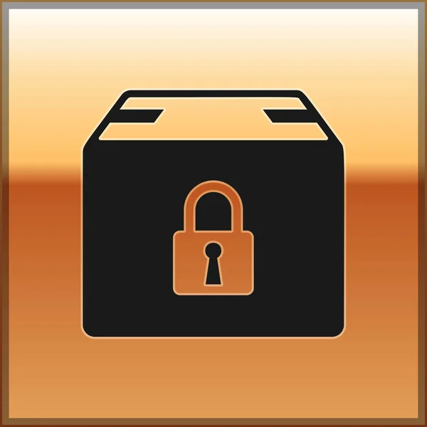 Fekete zárolt csomag ikon izolált arany háttér. Lock és kartondoboz. Vektoros illusztráció — Stock Vector