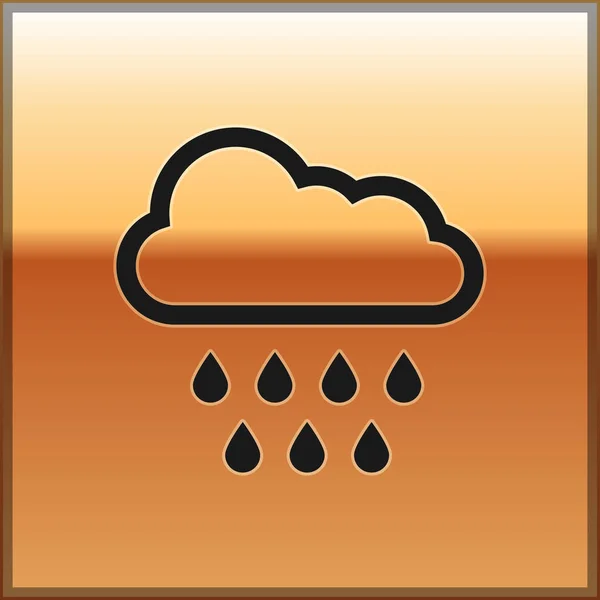 Svart moln med regn ikon isolerad på guld bakgrund. Regn moln nederbörd med regndroppar. Vektor Illustration — Stock vektor