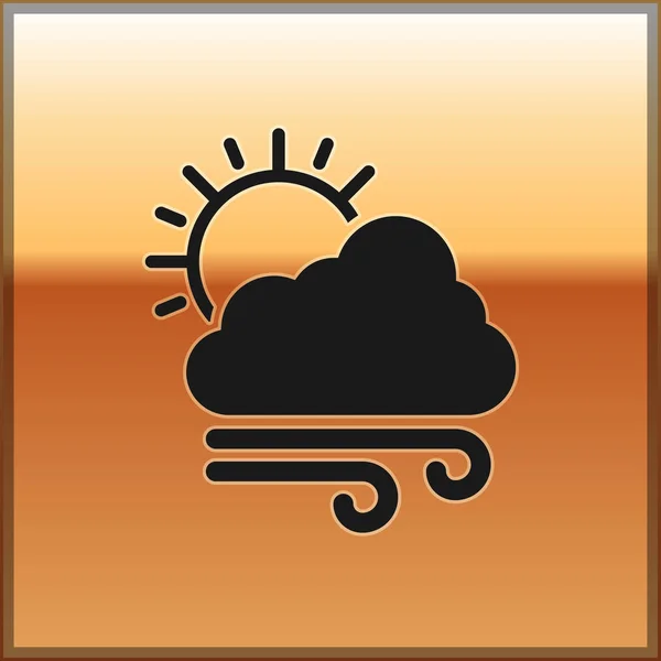 Icona meteo ventoso nero isolato su sfondo oro. Nuvola con sole e vento. Illustrazione vettoriale — Vettoriale Stock