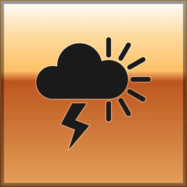 Icono de Tormenta Negra aislado sobre fondo dorado. Nublado con el rayo y el signo del sol. Icono del tiempo de tormenta. Ilustración vectorial — Vector de stock