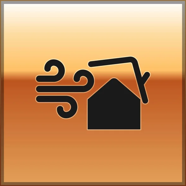 Tornade noire tourbillon endommage icône de toit de la maison isolé sur fond d'or. Cyclone, tourbillon, entonnoir de tempête, icône du vent ouragan. Illustration vectorielle — Image vectorielle