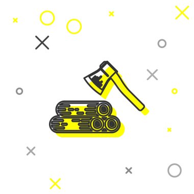 Gri çizgi Ahşap balta ve ahşap simgesi beyaz arka plan üzerinde izole. Oduncu baltası. Vektör İllüstrasyonu