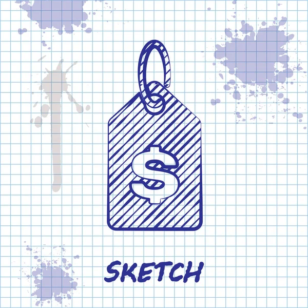 Sketch line Price tag com ícone de dólar isolado no fundo branco. Distintivo por preço. Venda com símbolo de dólar. Desconto de marca promocional. Ilustração vetorial —  Vetores de Stock